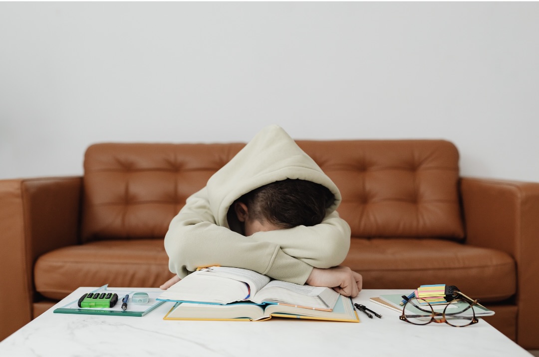 勉強に疲れて机に突っ伏している人の様子